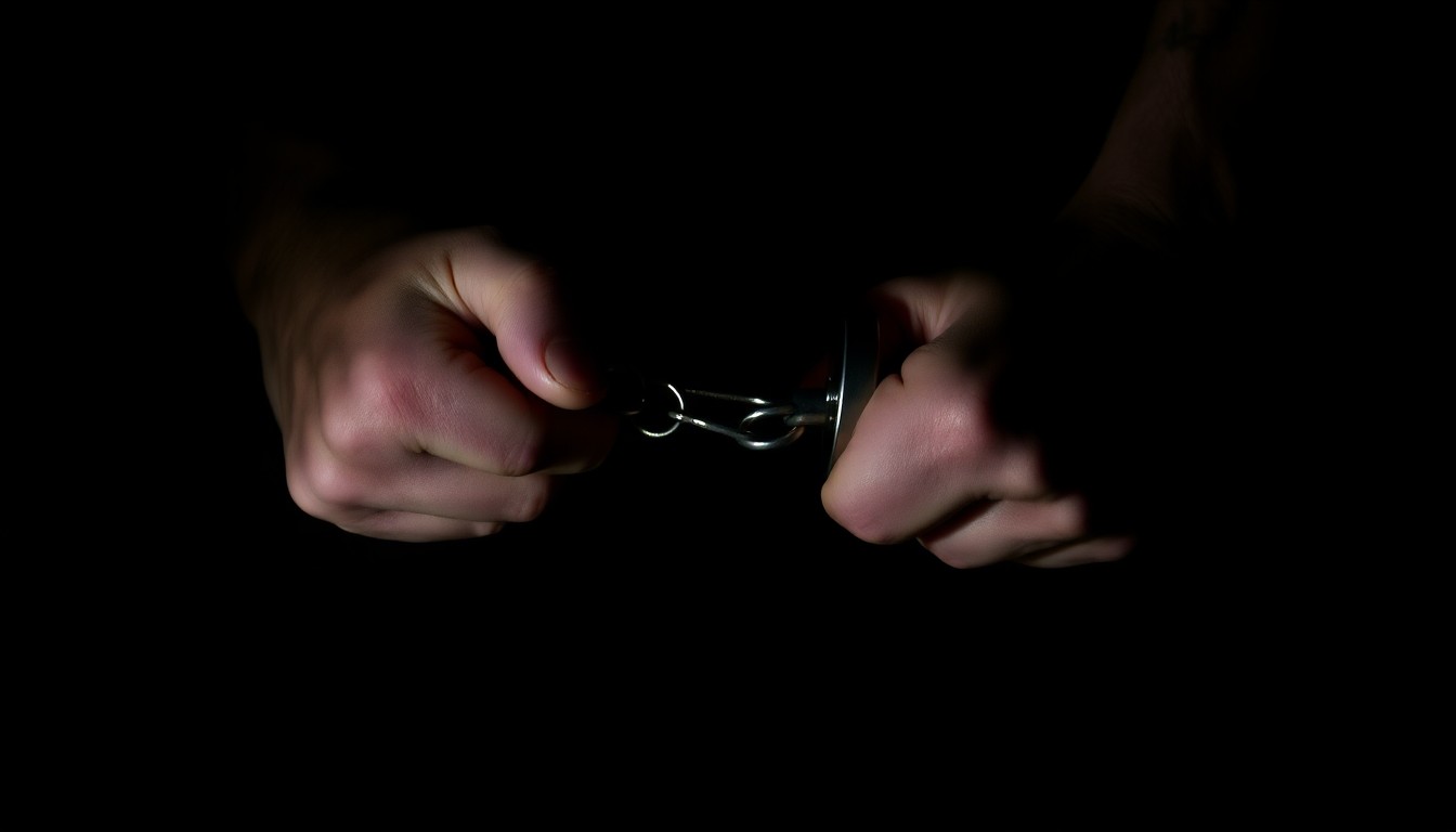 An extreme close-up of a pair of handcuffed hands against a pitch-black background, lit by a harsh, direct camera flash, creating a stark, gritty, and investigative aesthetic.