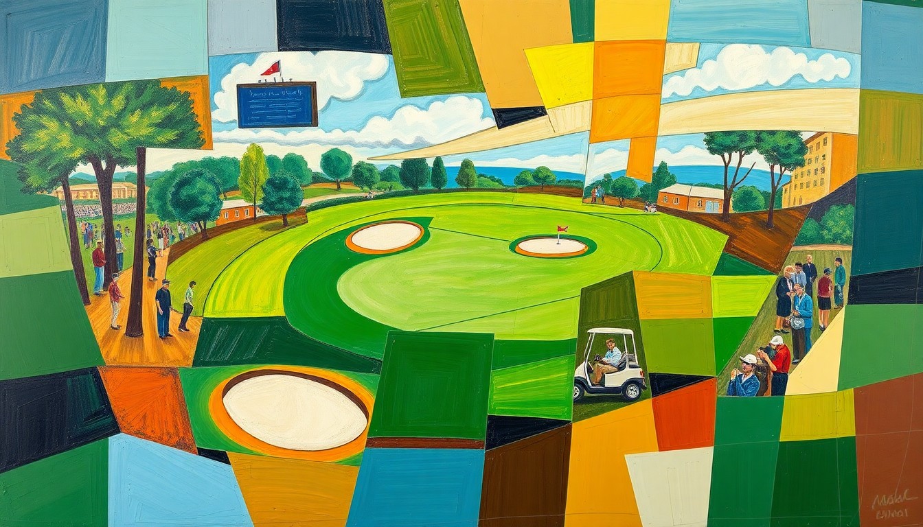 A fragmented, geometric painting in shades of green, brown, and blue, depicting the chaotic aftermath of a golf ball striking a spectator at a tournament.