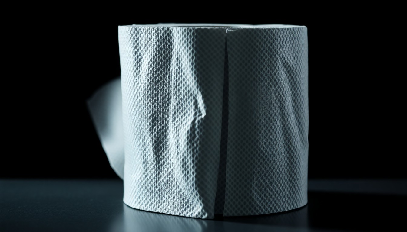 An extreme close-up photograph of a crumpled paper towel with a repeating geometric pattern, captured with dramatic lighting to create a stark, gritty aesthetic that conceptually represents the obsessive and meticulous nature of the Gilgo Beach murders.