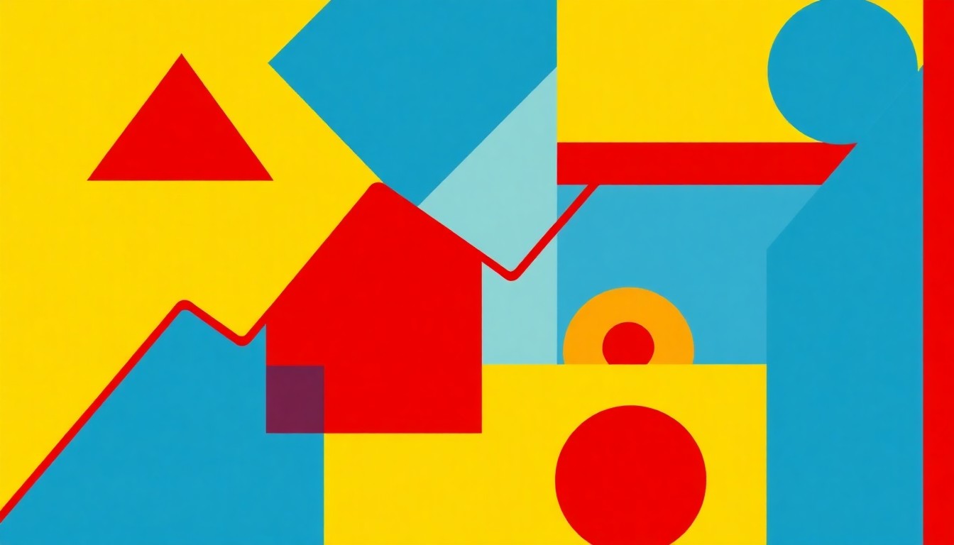 A vibrant, abstract geometric illustration using bold primary colors and clean lines to represent rising tax refund data in an analytical, informative style.