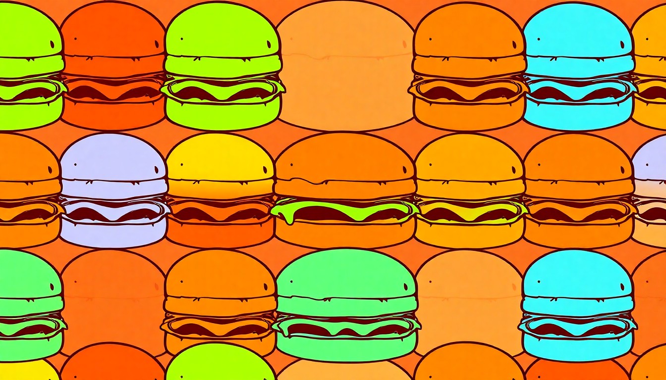 A vibrant, high-contrast silkscreen illustration featuring a Chick-fil-A chicken sandwich repeated in a grid pattern, using bold neon colors and heavy black outlines to transform the everyday item into a modern pop art piece, conceptually representing the superstitions Chinese immigrants have embraced in their pursuit of U.S. work visas.