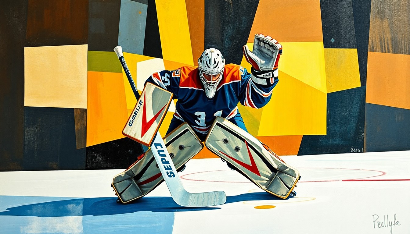 A fractured, cubist-style painting depicting the dynamic movements of a hockey goaltender, with their equipment and body parts abstracted into bold, overlapping geometric shapes that capture the intensity and athleticism of the position.