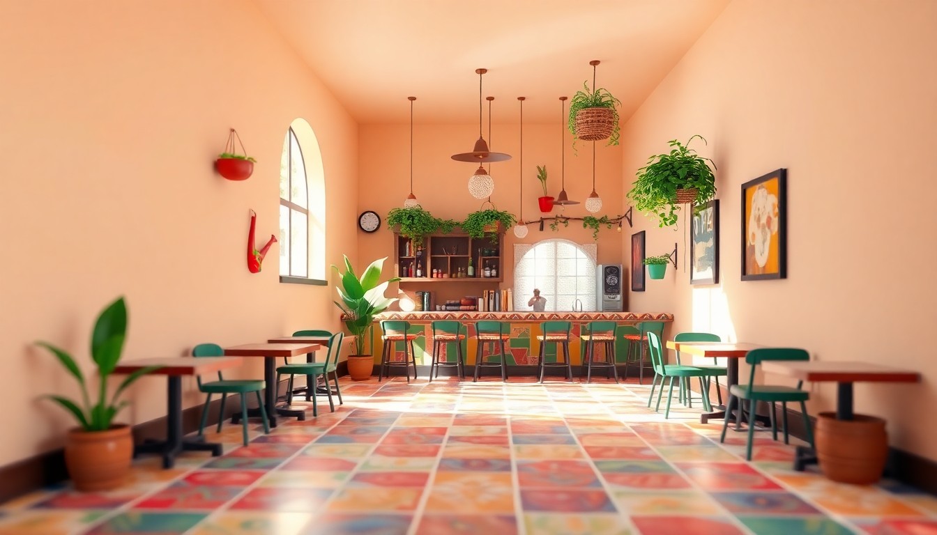 A stylized 3D digital illustration of a cozy Mexican restaurant interior with vibrant tile floors, hanging plants, and a lively bar area, conceptually representing the opening of a new local eatery.