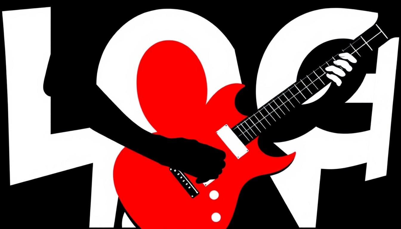 An abstract composition of jagged, geometric shapes in black, white, and deep red, conceptually representing the electric guitar and the shock rock aesthetic of Alice Cooper's music.