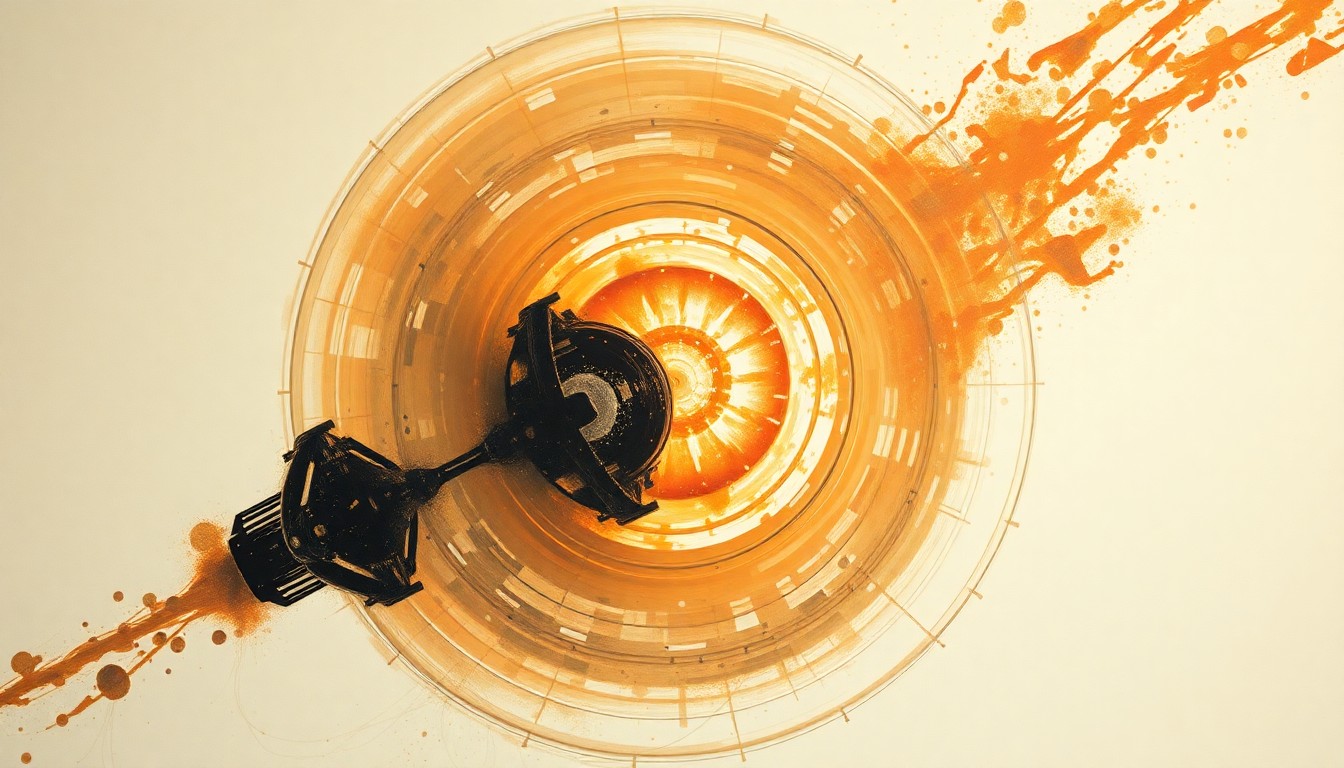 A bold, abstract painting in the style of Hilma af Klint, featuring sweeping geometric arcs, concentric circles, and precise botanical spirals in earthy tones, conceptually representing the complex forces and physics of the Orion capsule's fiery reentry through Earth's atmosphere.