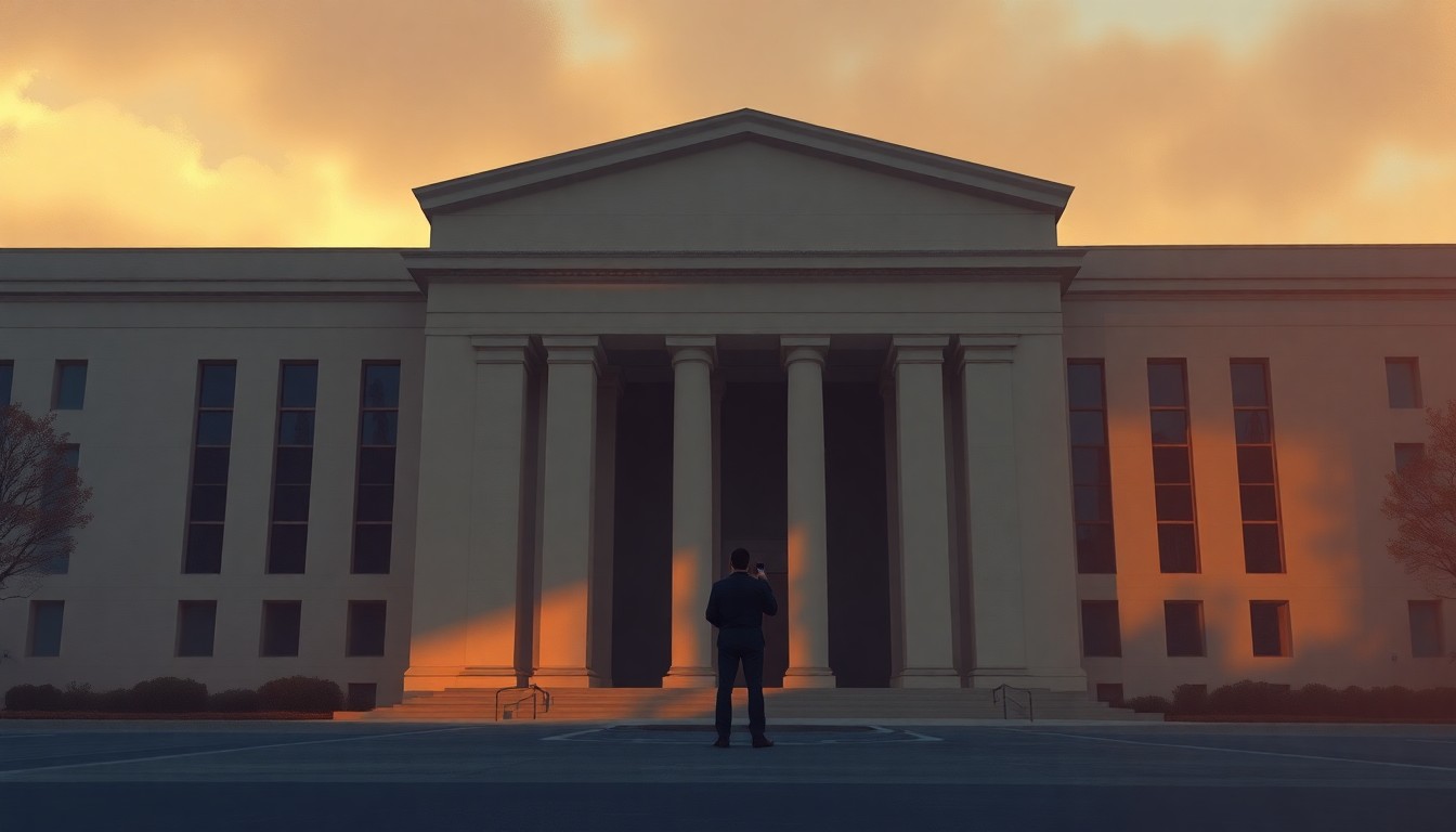 A photorealistic painting in the style of Edward Hopper, depicting a lone journalist standing on the sidewalk in front of the towering, shadowed Pentagon building, with warm sunlight casting diagonal shadows across the scene.