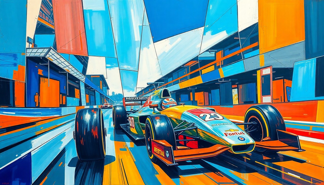 A cubist, geometric painting depicting a Formula 2 race scene, with cars and track broken down into sharp, overlapping planes of vibrant colors like electric blue, fiery orange, and metallic silver, capturing the dynamic energy of the feeder series joining the main Formula 1 events.