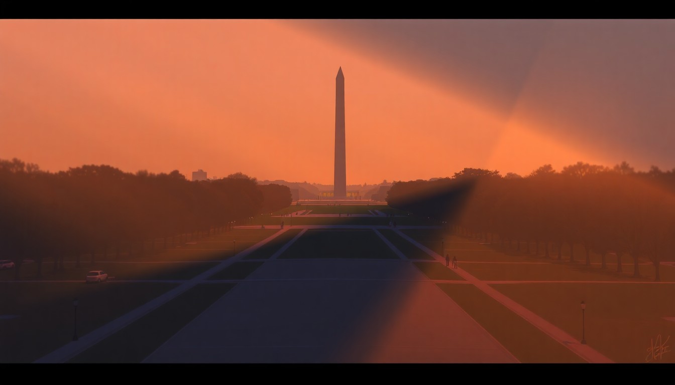 A serene, painterly depiction of the National Mall in Washington, D.C., with the Washington Monument standing tall in the distance, bathed in warm sunlight and deep shadows, capturing the nostalgic and contemplative mood of the upcoming 250th anniversary celebrations.
