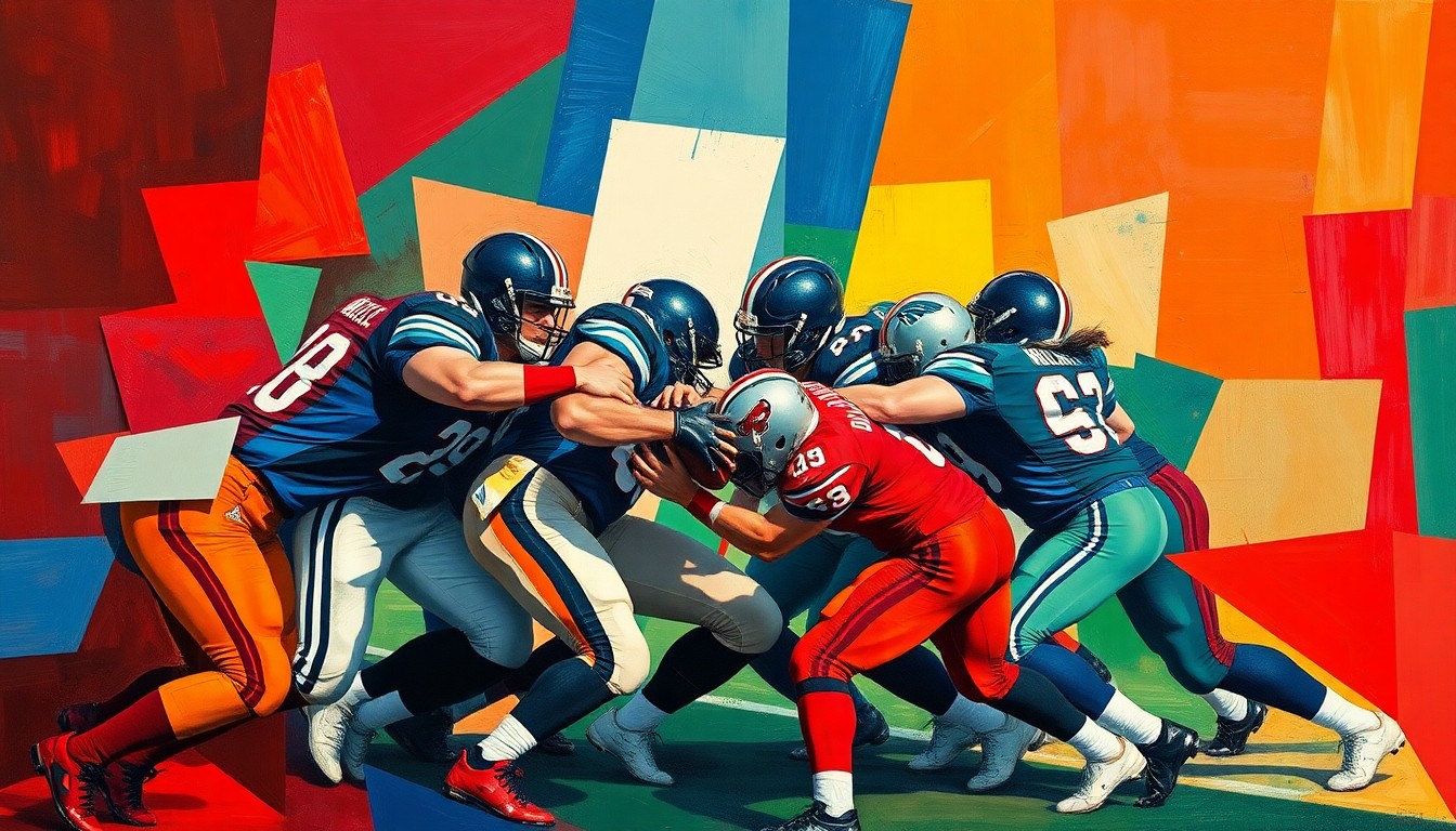 A fragmented, geometric painting depicting the forceful movements and collisions of defensive linemen during a football game, with sharp planes of color and overlapping perspectives capturing the dynamic energy of the position.