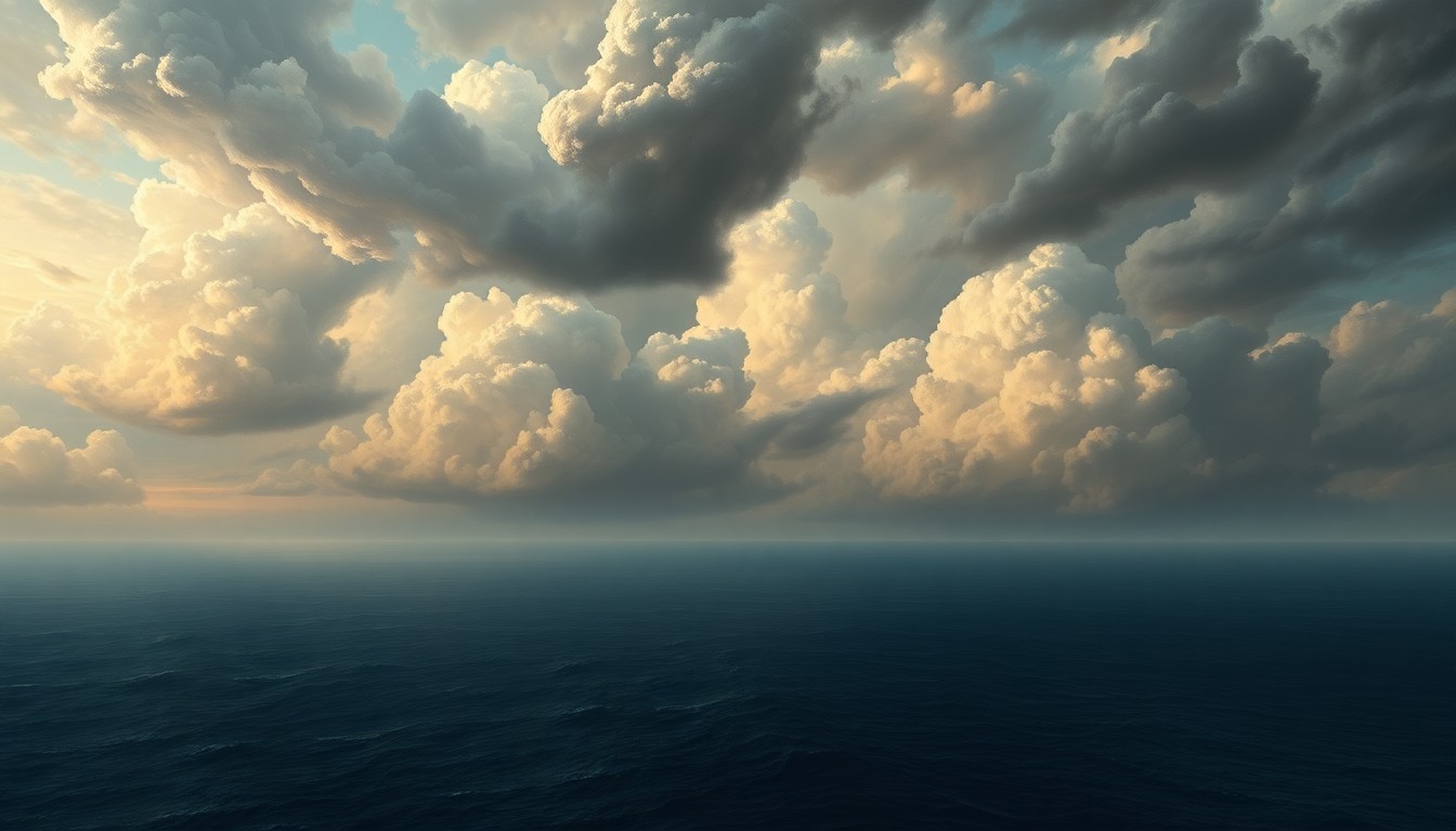 A sweeping, atmospheric landscape painting in muted tones of gray, blue, and gold, depicting a vast, stormy ocean scene with dramatic clouds and lighting, conveying the overwhelming scale and power of the natural world.