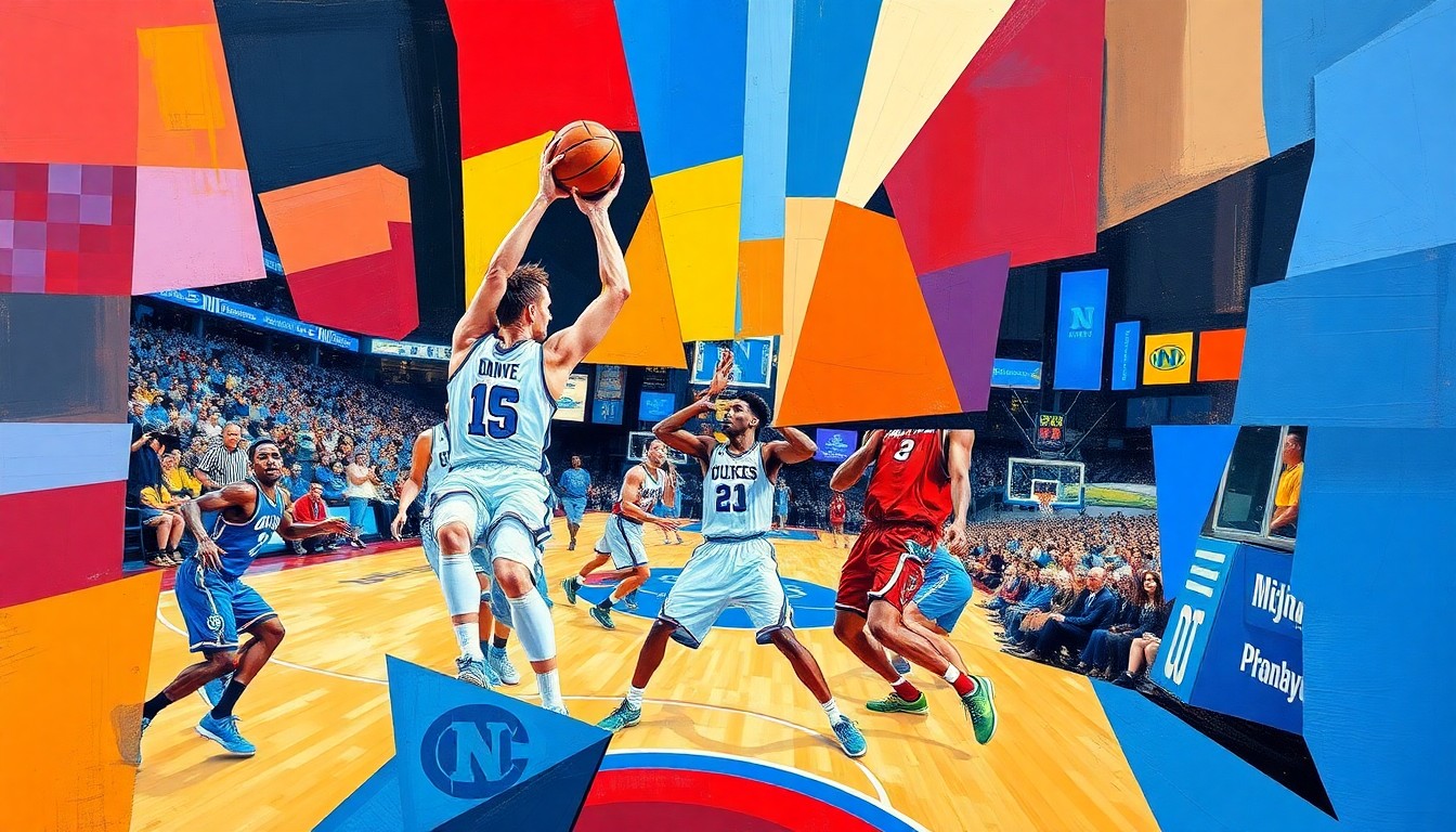 A cubist, geometric painting depicting a basketball game or tournament action, with sharp, overlapping planes of color representing the uniforms of the North Carolina Tar Heels and Duke Blue Devils teams.