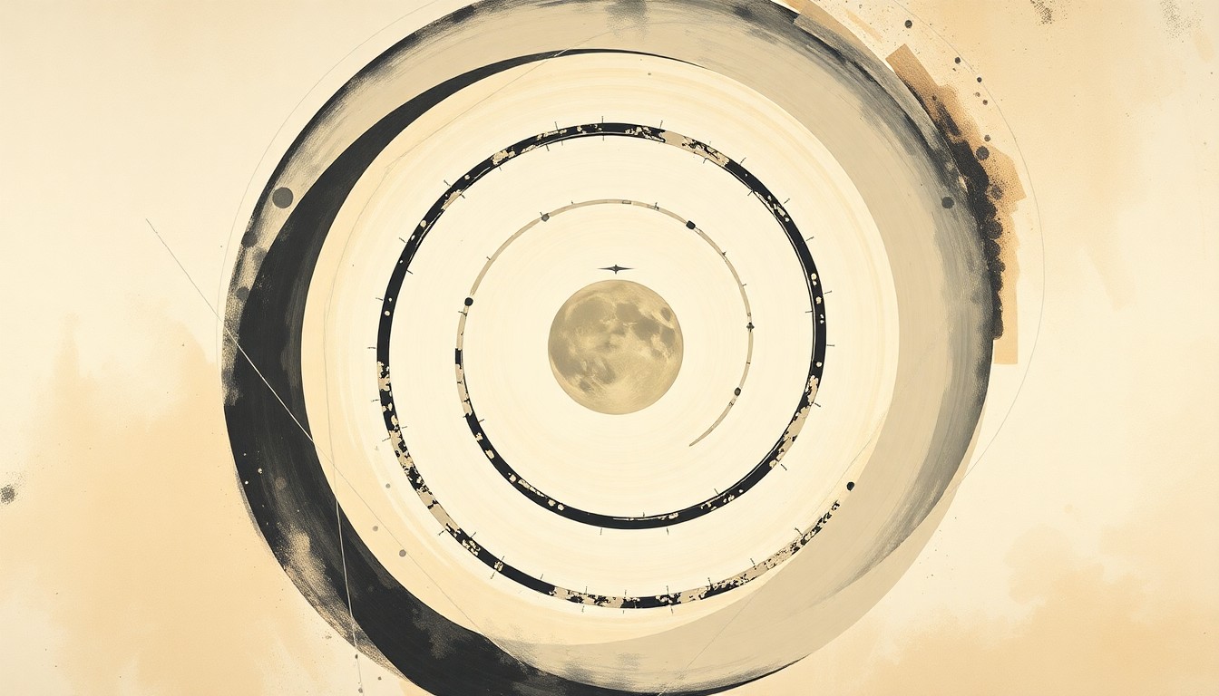 An abstract painting in soft, earthy tones featuring sweeping geometric arcs, concentric planetary circles, and precise botanical spirals, conveying the structural order of the universe without any text or symbols.