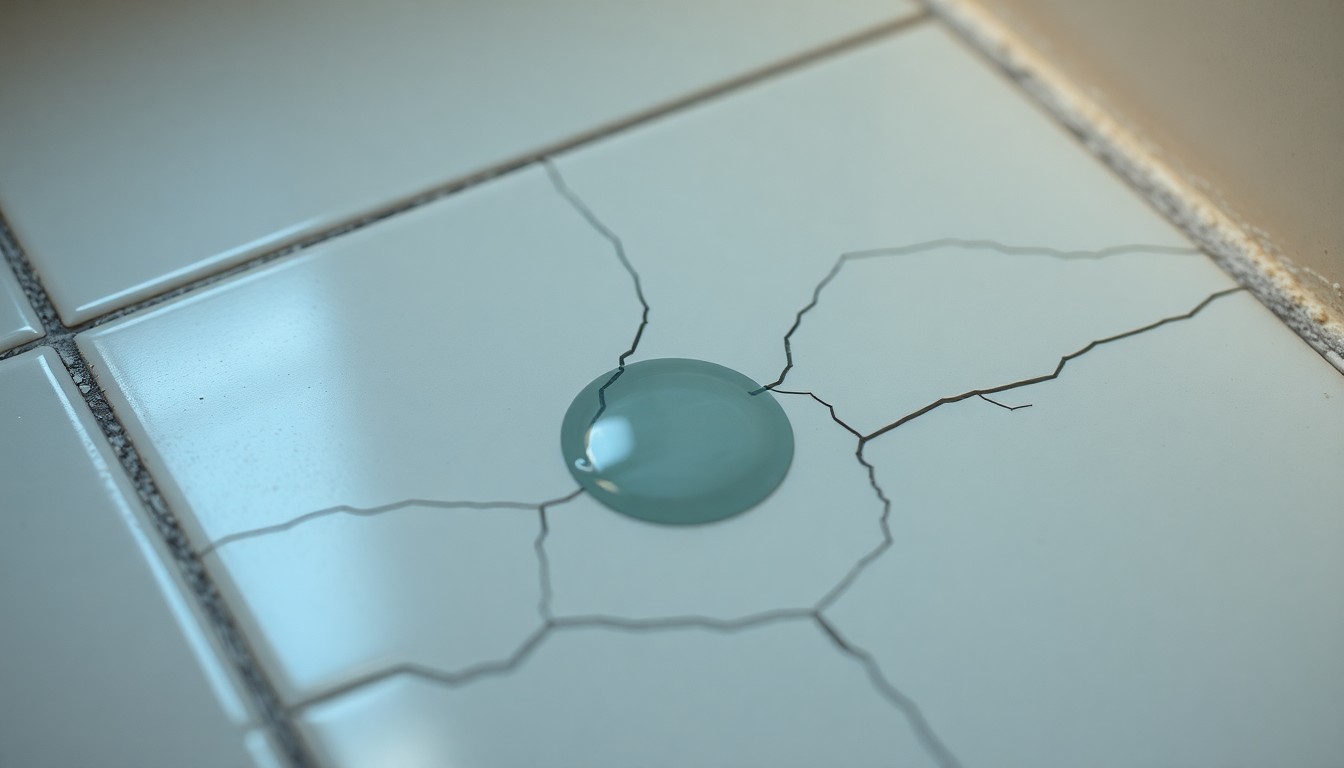 An extreme close-up of a wet, cracked bathroom tile with a single drop of water reflecting a faint light, conveying the somber, investigative mood of a crime scene without depicting any graphic violence.