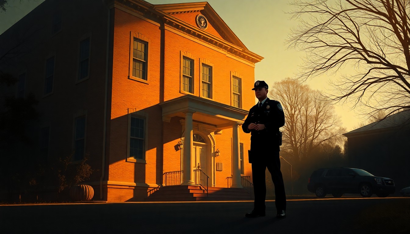 A photorealistic painting depicting a lone Secret Service agent standing guard in front of an old brick building, the scene bathed in warm, golden light and deep shadows, conveying a sense of quiet anticipation and unease.