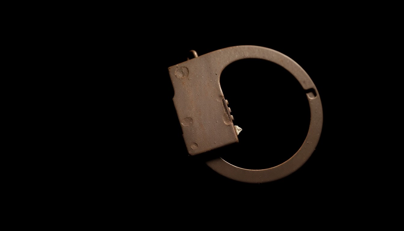 An extreme close-up photograph of a rusted, worn metal object from the Serial Killer Exhibition, such as a handcuff or a shard of broken glass, lit by a harsh, direct camera flash against a pitch-black background, creating a stark, gritty, investigative aesthetic.
