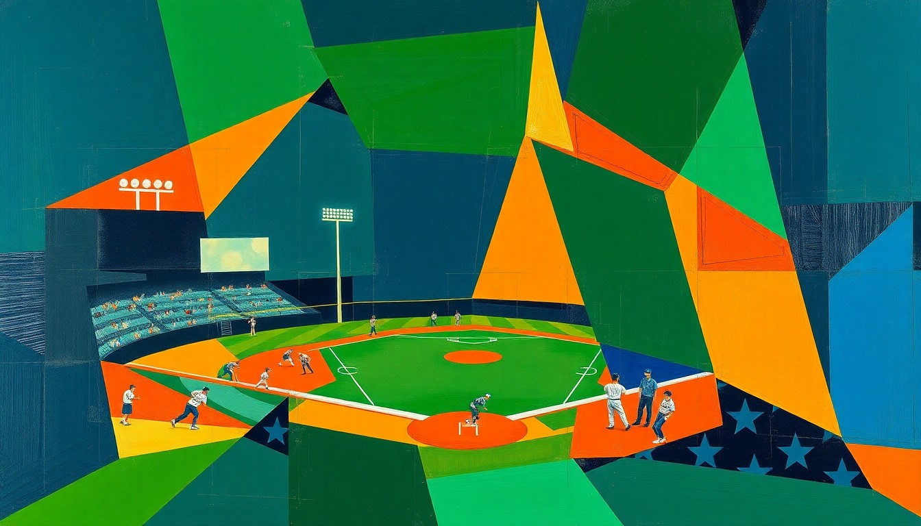 A cubist-style painting featuring sharp, overlapping geometric shapes in navy blue, forest green, and burnt orange, abstractly depicting the motion and energy of a college softball game.