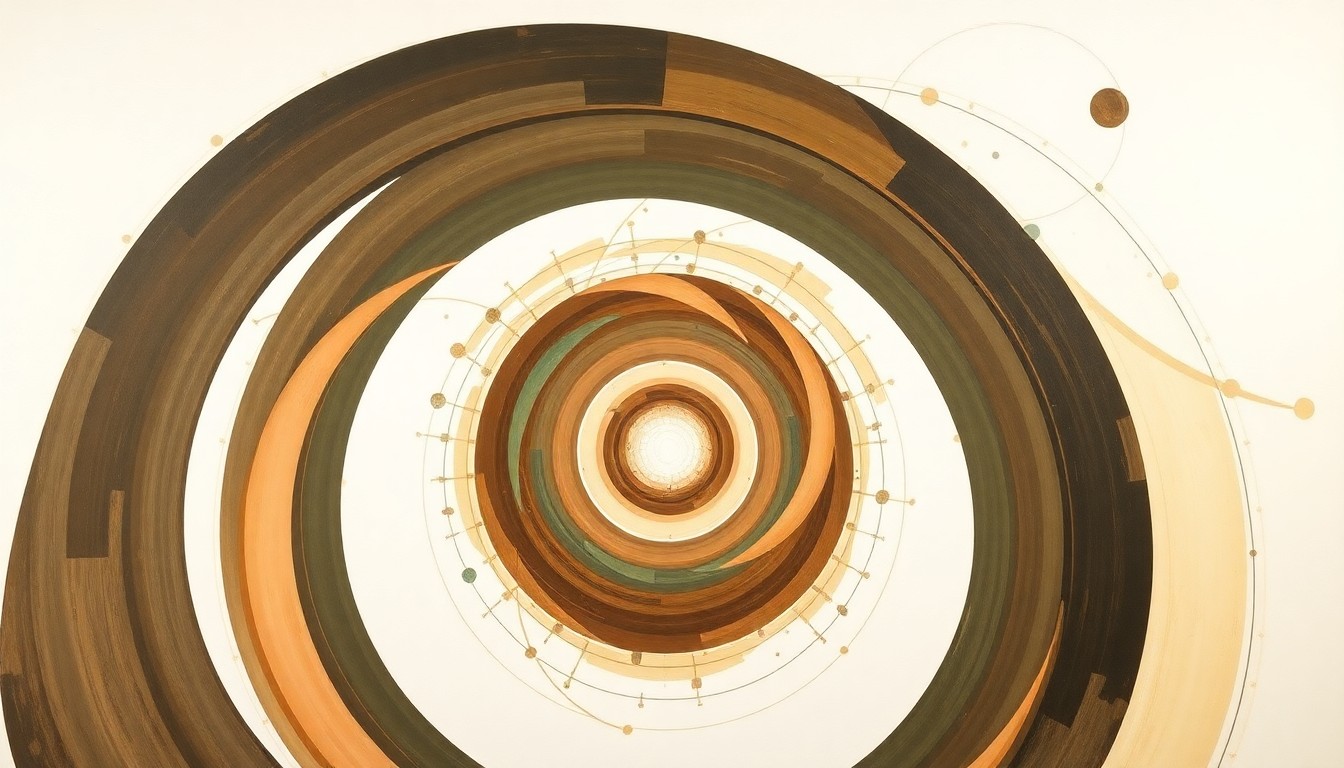 A highly structured abstract painting in soft earth tones, featuring sweeping geometric arcs, concentric circles, and precise botanical spirals, conceptually representing the complex material science and structural order underlying additive manufacturing processes.