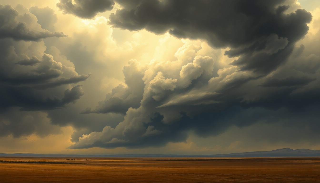 A dramatic, atmospheric landscape painting in muted tones of gray, blue, and green, depicting a vast, stormy sky filled with dark, swirling clouds hovering over a flat, desolate plain, conveying the overwhelming power of an impending severe weather event.