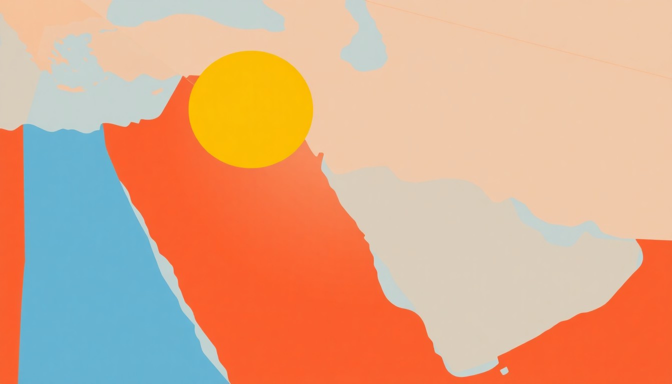 A geometric abstract illustration using bold shapes and primary colors to conceptually represent the volatility and disruption in global oil markets caused by geopolitical tensions.