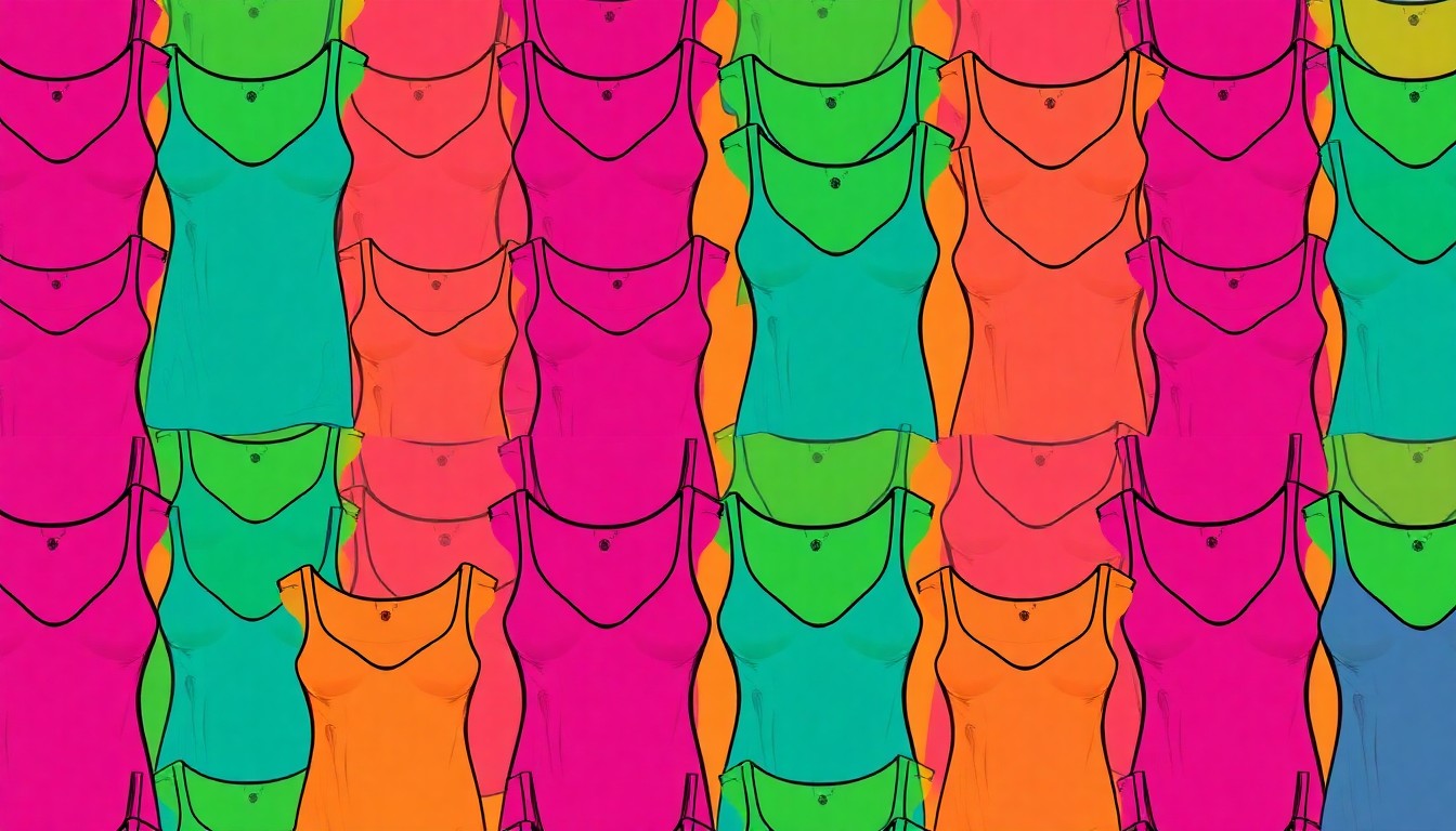 A bold, graphic silkscreen-style illustration featuring a repeated pattern of a sleek, minimalist Intimissimi Ultralight Cotton top in vibrant neon colors against a black background, capturing the item's stylish and versatile appeal.