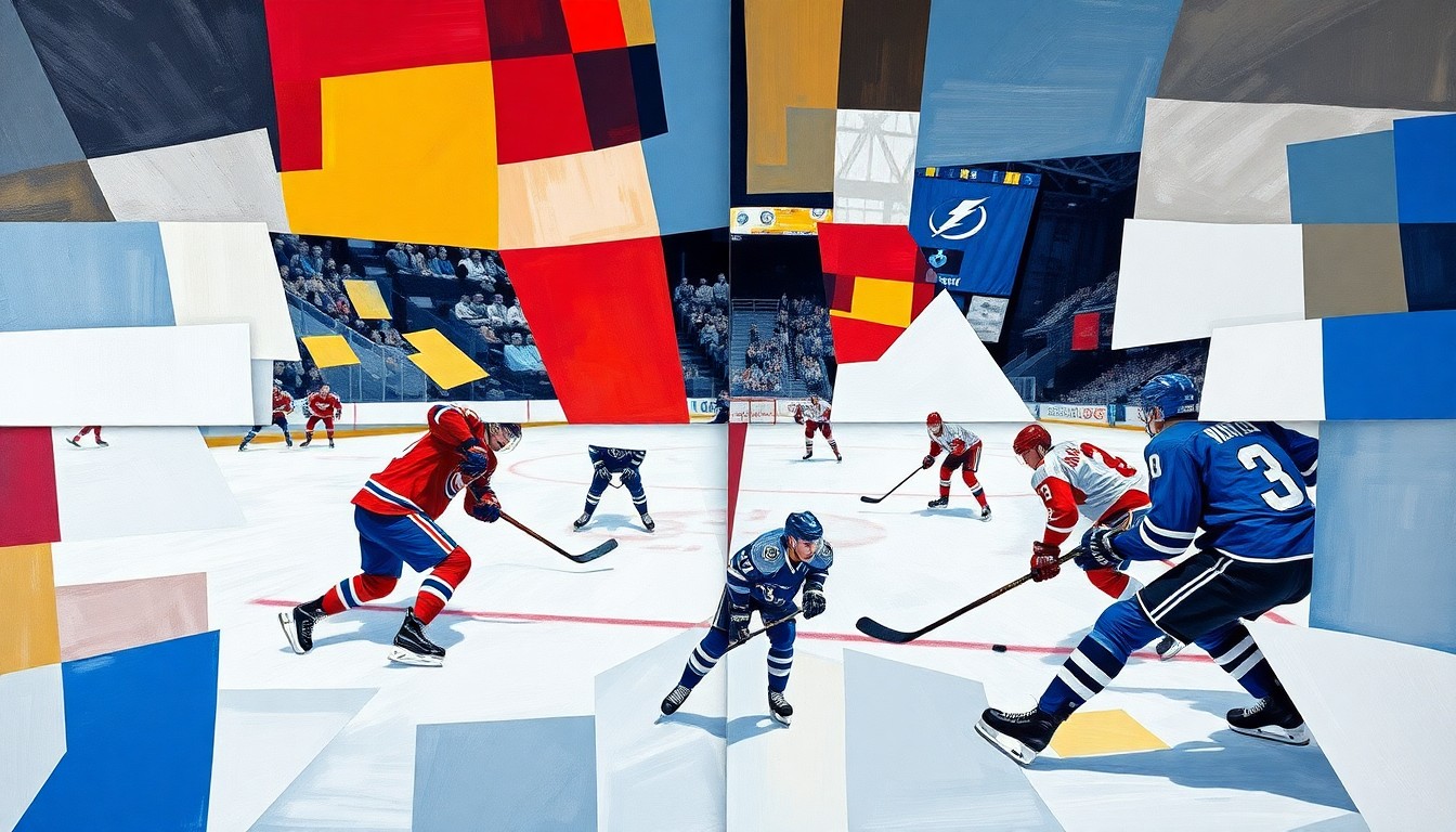 A fragmented, geometric painting depicting a hockey game between the Montreal Canadiens and Tampa Bay Lightning, with sharp planes of color representing the players, ice, and arena.