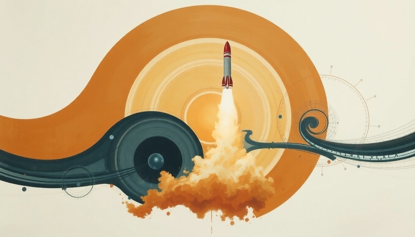 A bold, abstract painting in the style of Hilma af Klint, featuring sweeping geometric arcs, concentric circles, and precise mechanical spirals in earthy tones, representing the complex engineering and aerodynamics of a powerful rocket launch.