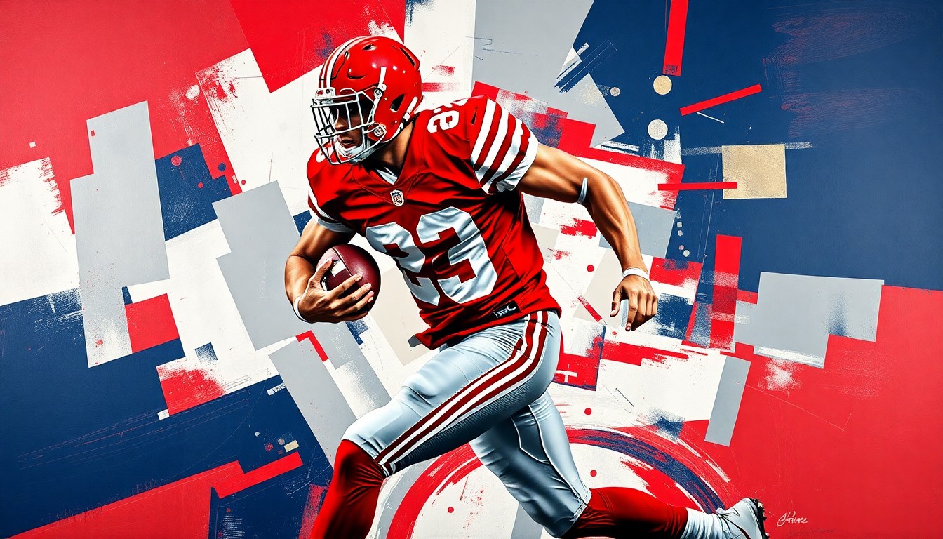 A fragmented, cubist-style painting depicting a football player in motion, with sharp geometric shapes in shades of red, grey, and blue representing the dynamic nature of Arvell Reese's playing style.