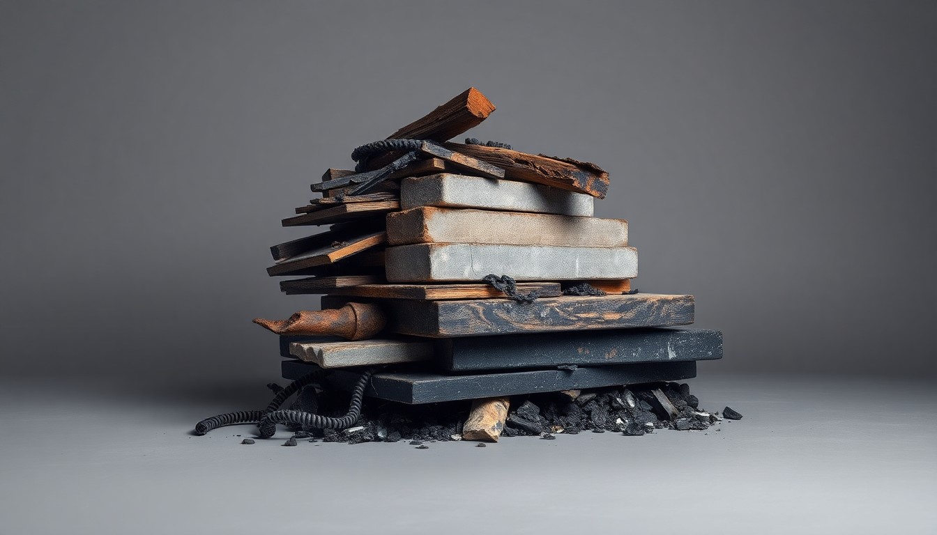A high-end, photorealistic studio still-life photograph featuring a stack of charred and damaged building materials, including splintered wood, crumbled concrete, and melted metal, arranged elegantly on a clean, monochromatic grey background. The objects use sharp, dramatic studio lighting and deep shadows to represent the abstract concepts of financial hardship, rebuilding challenges, and the lingering impacts of the Altadena wildfire on the local community.