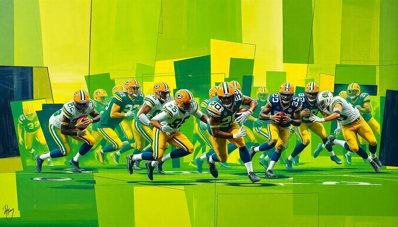 A cubist, geometric painting depicting a Packers running play, with sharp, overlapping shapes in vibrant green, gold, and navy blue colors representing the movement and action of the play.