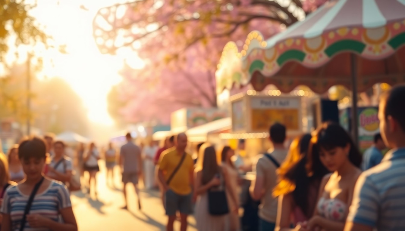An abstract, impressionistic photograph in soft, hazy tones depicting the vibrant energy and community spirit of an outdoor springtime festival.