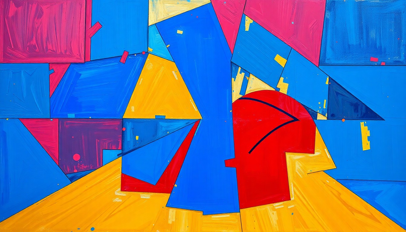 A fragmented, cubist-style painting depicting a WNBA basketball game, with the players and court broken down into sharp, overlapping geometric shapes in a bold color palette, conveying the groundbreaking nature of the league's first $1 million player contract.