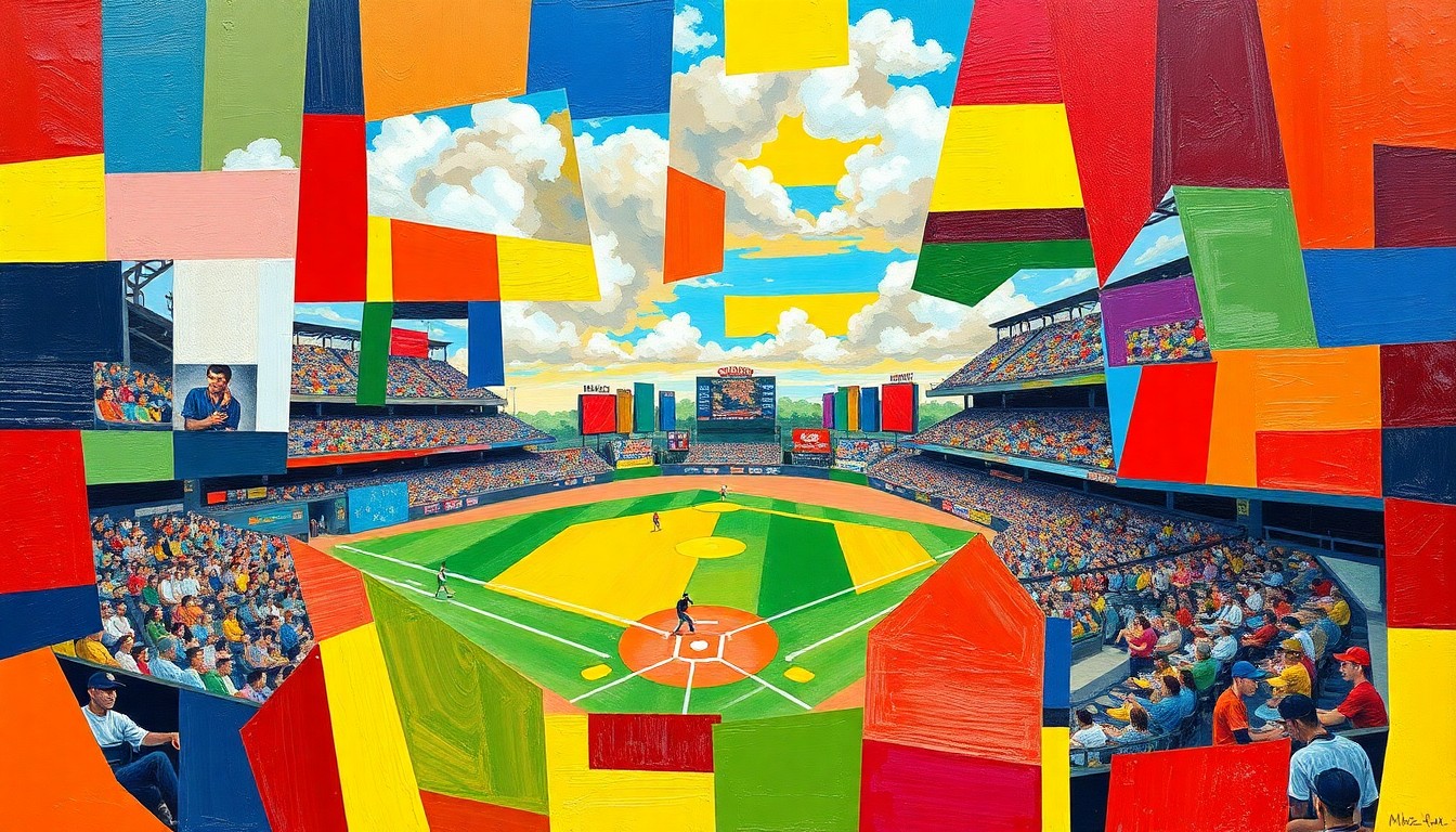 A vibrant, fragmented painting in the style of Pablo Picasso, using sharp, overlapping geometric planes of blue, red, and yellow to conceptually represent the action and excitement of a high school baseball game.