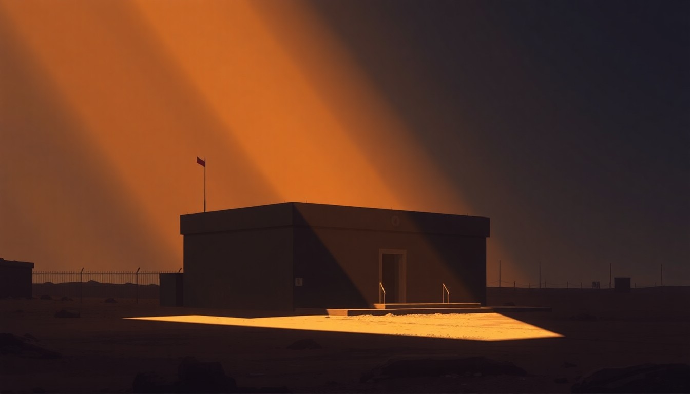 A serene, cinematic painting of a government building or military outpost in Lebanon, with warm sunlight casting deep shadows across the structure, conveying a sense of quiet contemplation and unresolved conflict.