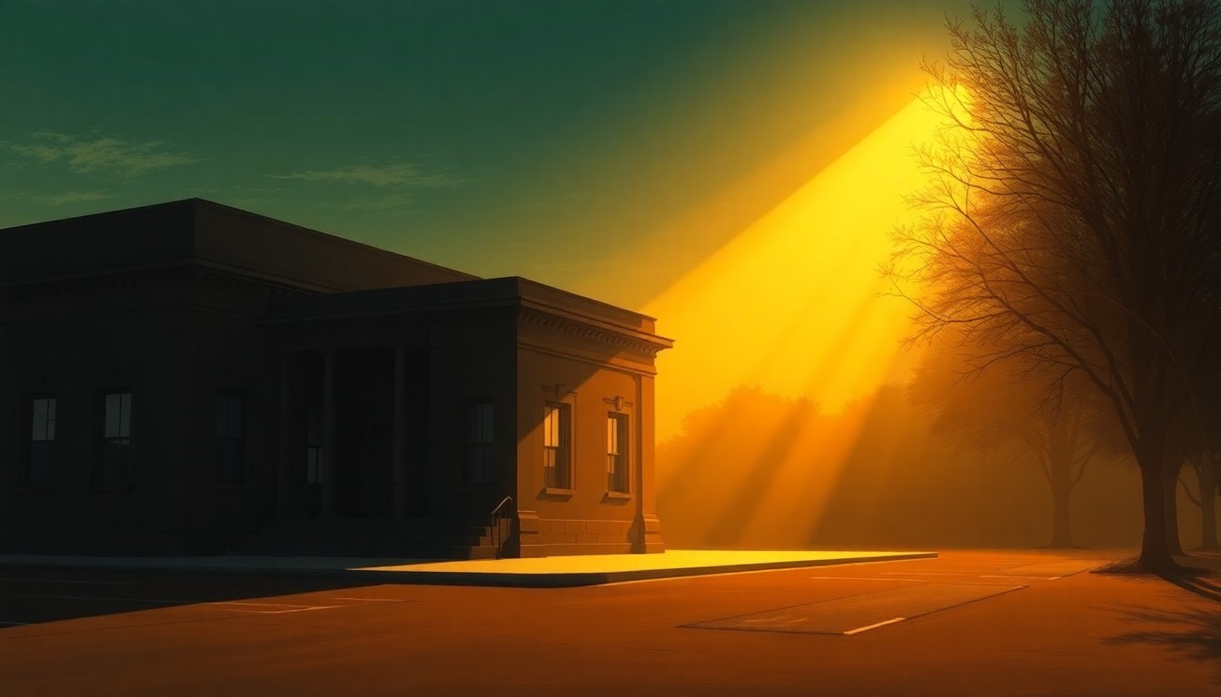A serene, photorealistic painting of a county government building or political office space, with warm lighting and deep shadows creating a contemplative mood.