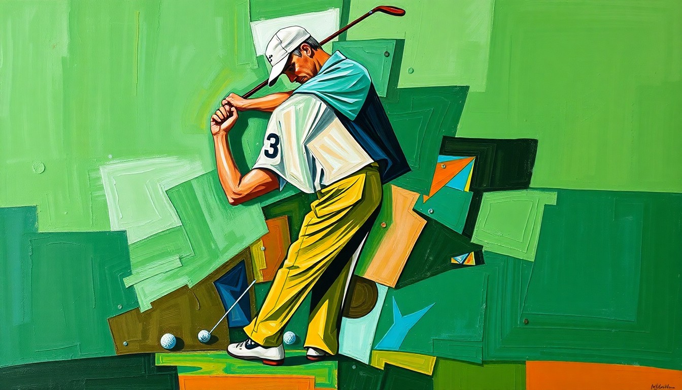 A fragmented, geometric painting depicting the fluid motion of a golfer's swing, with sharp planes of color representing the energy and intensity of the Masters tournament.