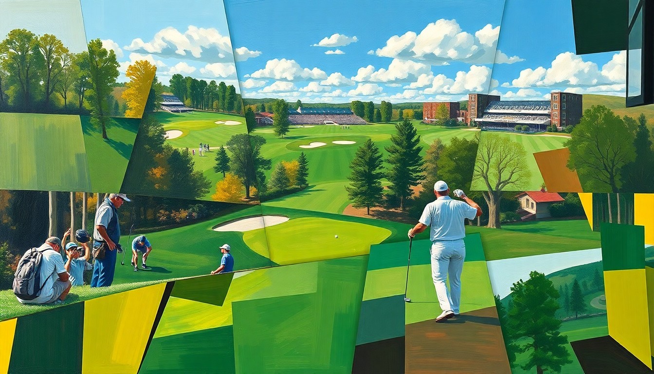 A cubist, geometric painting depicting a golf course, golfers, and the Masters Tournament in an abstract, fragmented style, conveying the challenges of the slow start to the season in Northeast Wisconsin.