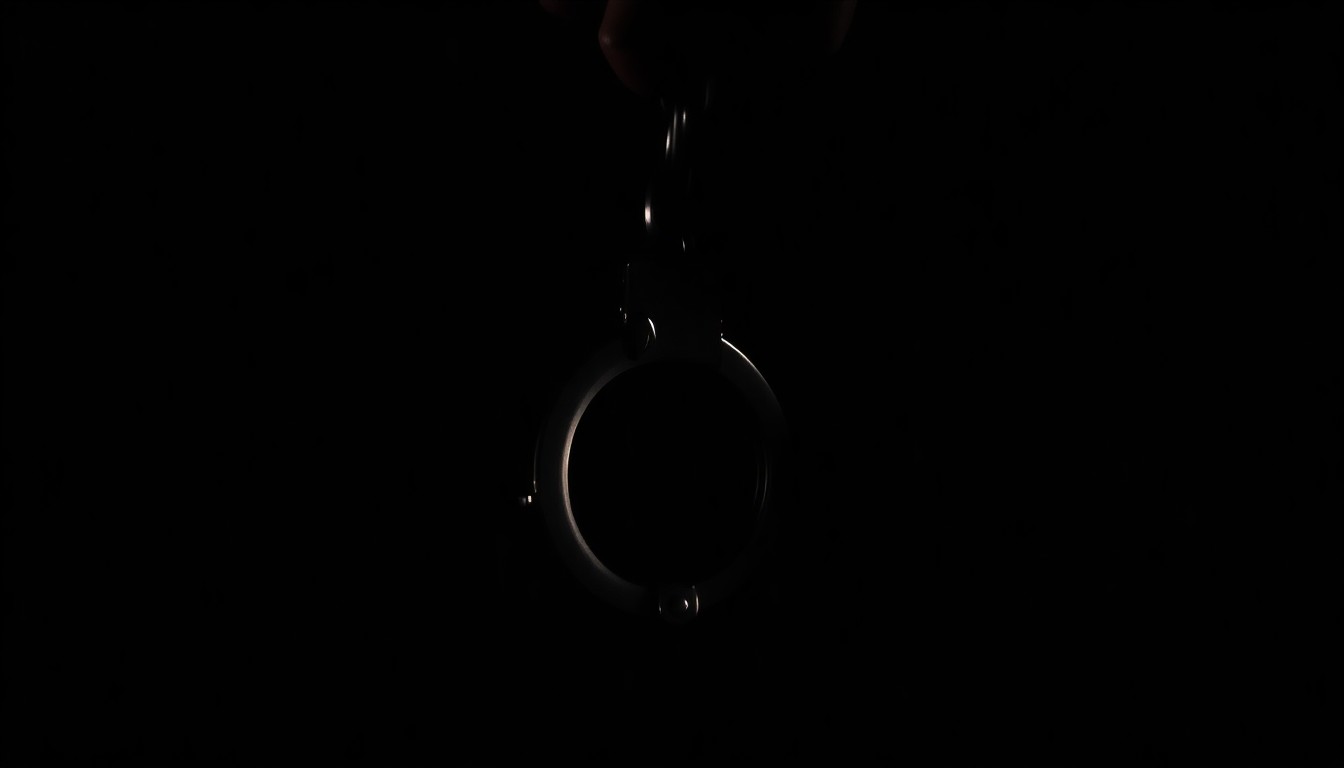 An extreme close-up of a metal handcuff or other law enforcement equipment, sharply lit by a harsh flash against a dark background, conveying a sense of urgency and investigation in the prevention of a planned attack.