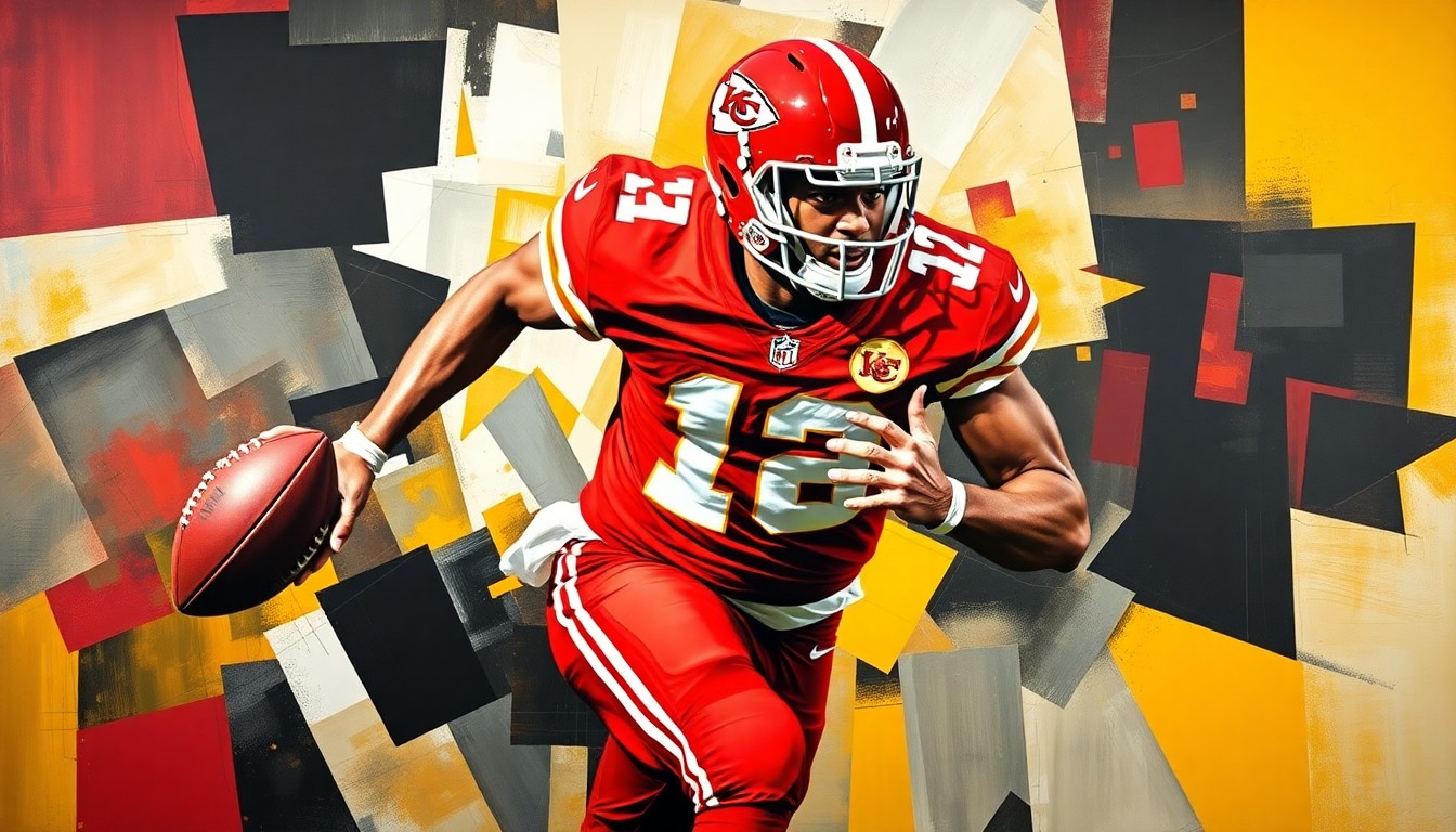 A cubist, geometric illustration depicting a Kansas City Chiefs football player in action, with the player's form broken down into sharp, overlapping planes of red, gold, and black colors.