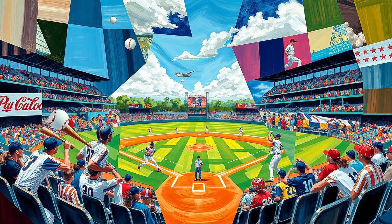 A fragmented, geometric painting depicting the dynamic movements and perspectives of a high school baseball game, with players, bats, and baseballs broken down into sharp, overlapping planes of color.