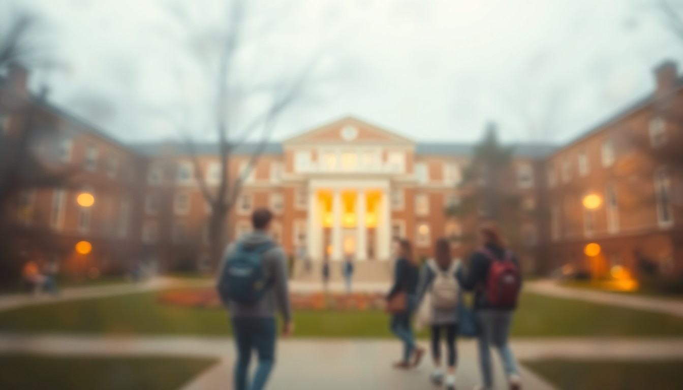 An abstract, impressionistic scene of a university campus, with blurred figures of students moving through a quad shrouded in soft, warm light and color, conveying a contemplative, atmospheric mood.