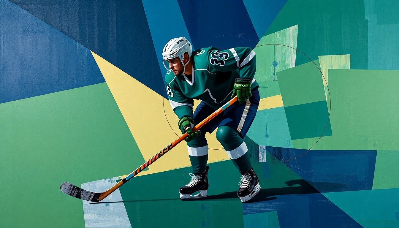 A cubist, geometric painting depicting a hockey player in motion, with their body broken down into sharp, overlapping planes of navy, green, and silver, conveying the fragmented nature of the Avalanche's lineup with Kadri's injury.