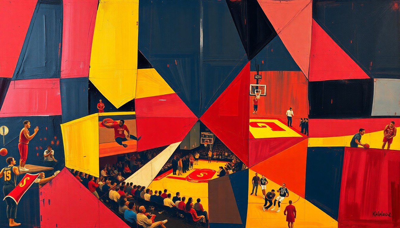 A fragmented, cubist-style painting depicting the action and movement of a college basketball game, with sharp geometric planes in USC's team colors of red, gold, and navy blue.