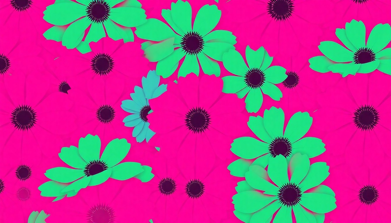 A vibrant, high-contrast silkscreen print of a bouquet of artificial flowers repeated in a bold grid pattern, capturing the playful and engaging spirit of the Curiosity Corners initiative.
