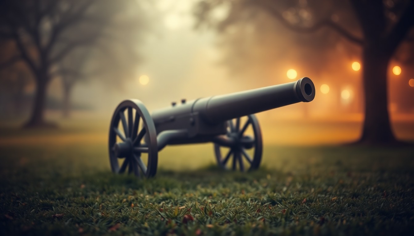 An abstract, impressionistic photograph of an old cannon partially obscured by soft, hazy light and color, conveying a sense of nostalgia and the park's historical significance.