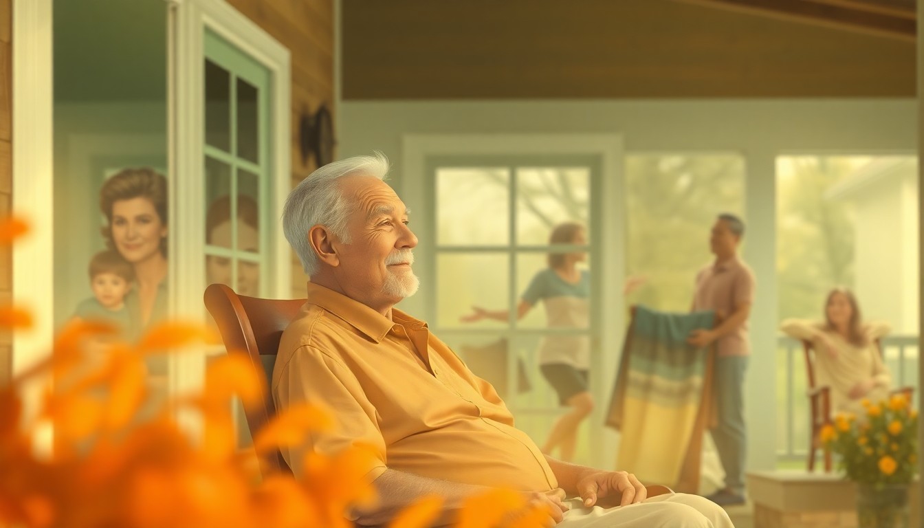 A softly focused, impressionistic photograph of an elderly man sitting in a rocking chair on a porch, surrounded by blurred figures representing his family and community, all bathed in a warm, nostalgic color palette evoking a sense of enduring legacy and connection.
