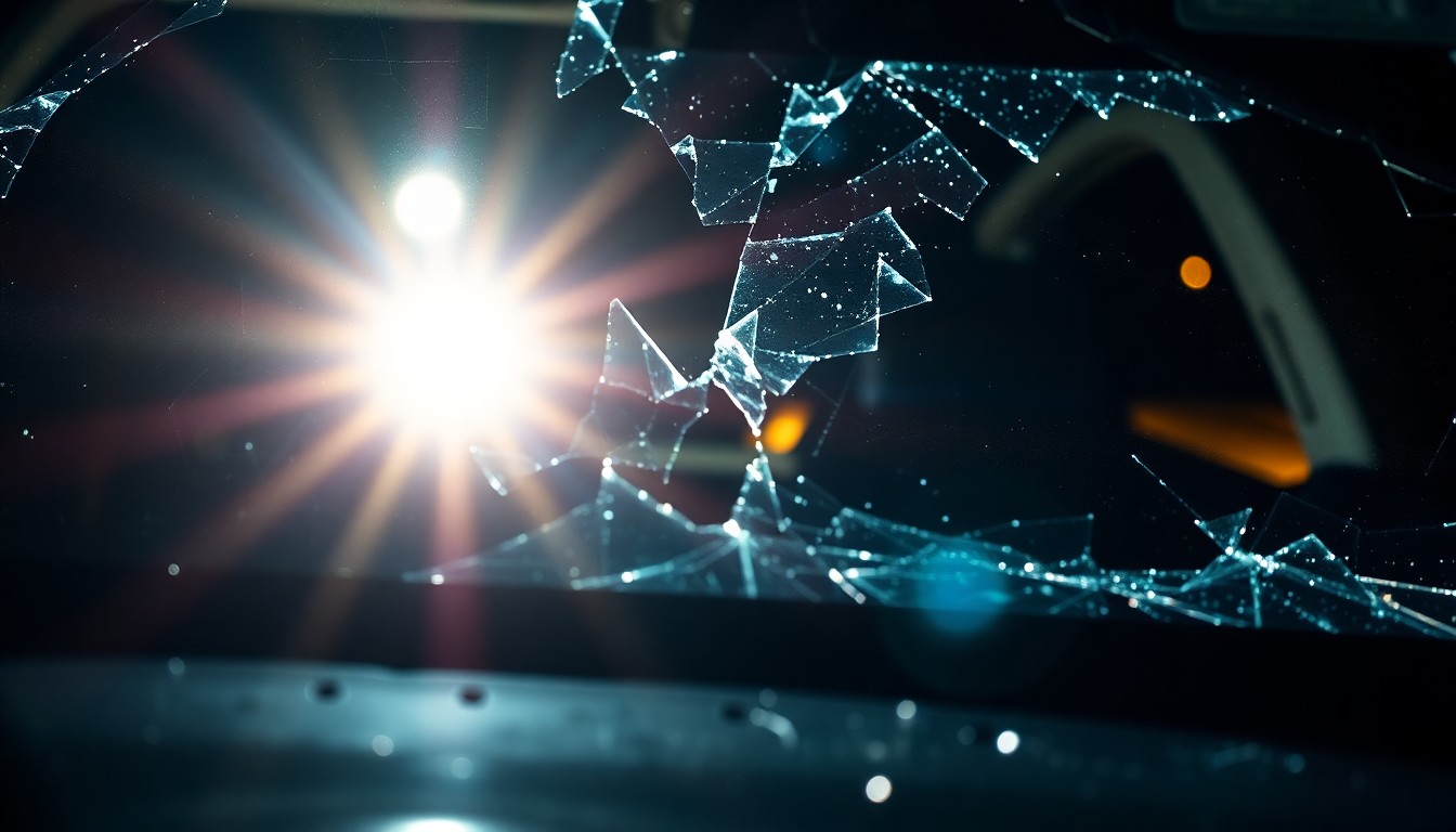 An extreme close-up photograph of a shattered car windshield reflecting the harsh glare of a direct camera flash, conceptually representing the aftermath of a violent drunk driving incident.