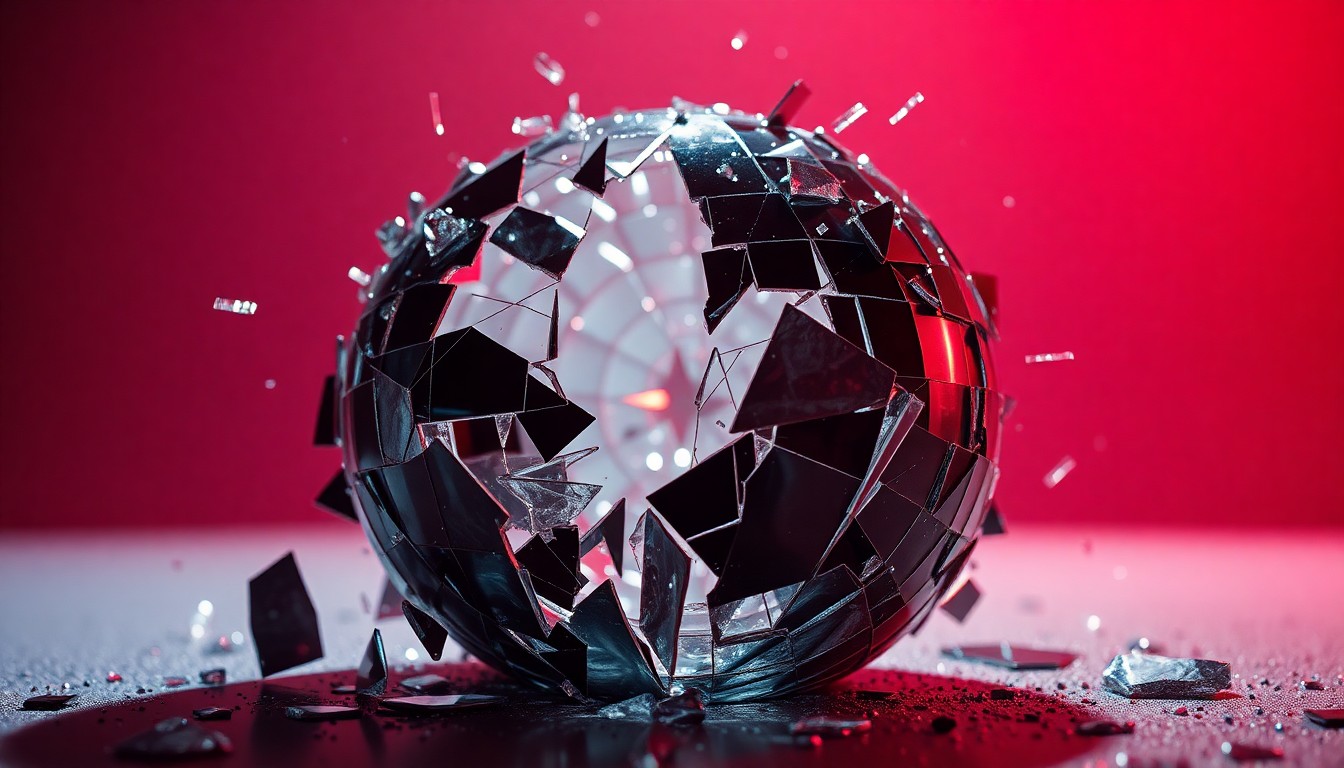 An extreme close-up of shattered, glittering glass shards reflecting dramatic studio lighting, conceptually representing the fractured alliances and betrayals within the House of Villains competition.