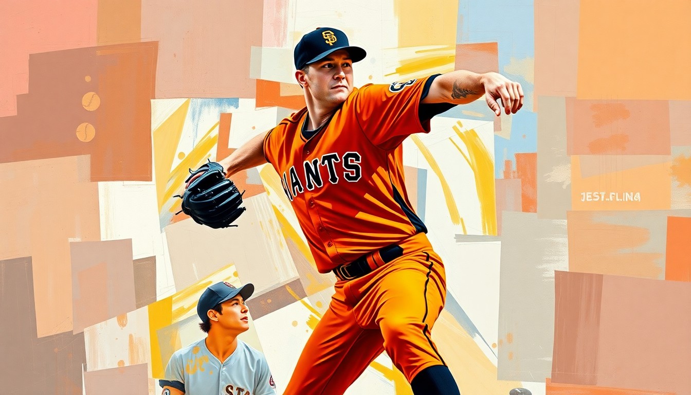 A fragmented, geometric painting depicting a baseball pitcher in motion, with sharp planes of orange and black representing the San Francisco Giants' uniform colors.
