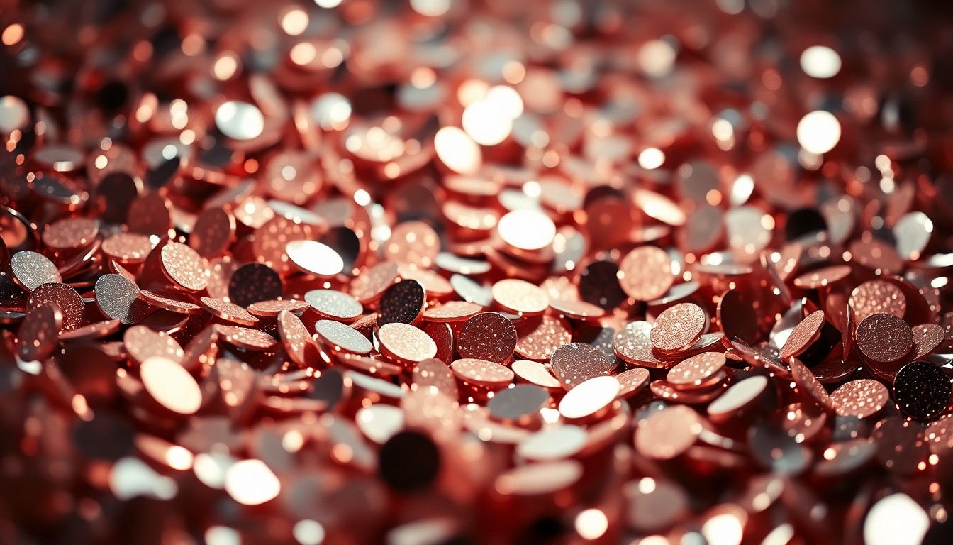 An abstract close-up image of sparkling, reflective textures evoking the glitz and glamour of a rock concert, captured in dramatic studio lighting to create a high-fashion aesthetic.