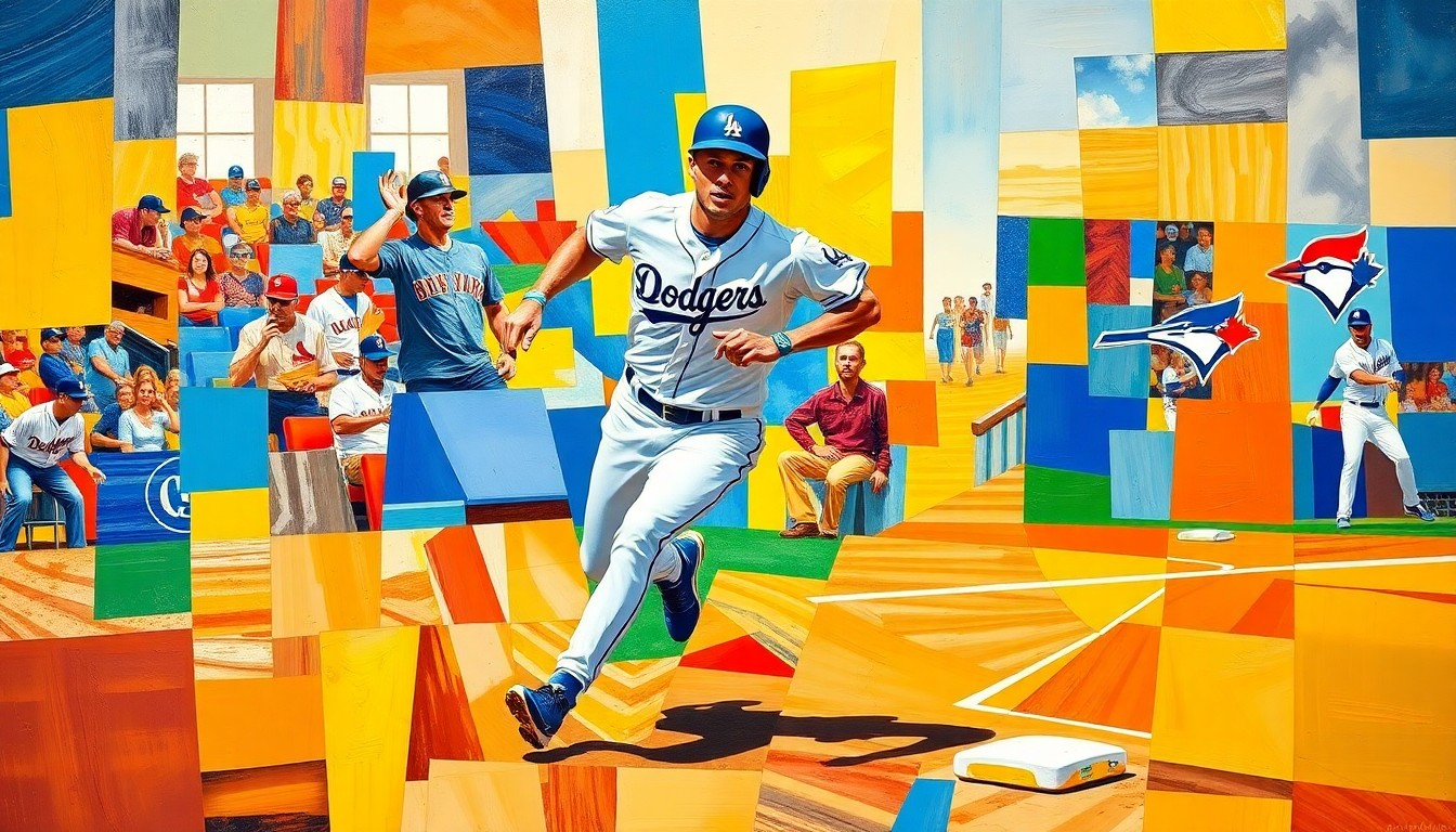 A cubist, geometric painting depicting a baseball player in motion, with sharp, overlapping shapes and planes of color representing the dynamic action of running the bases.